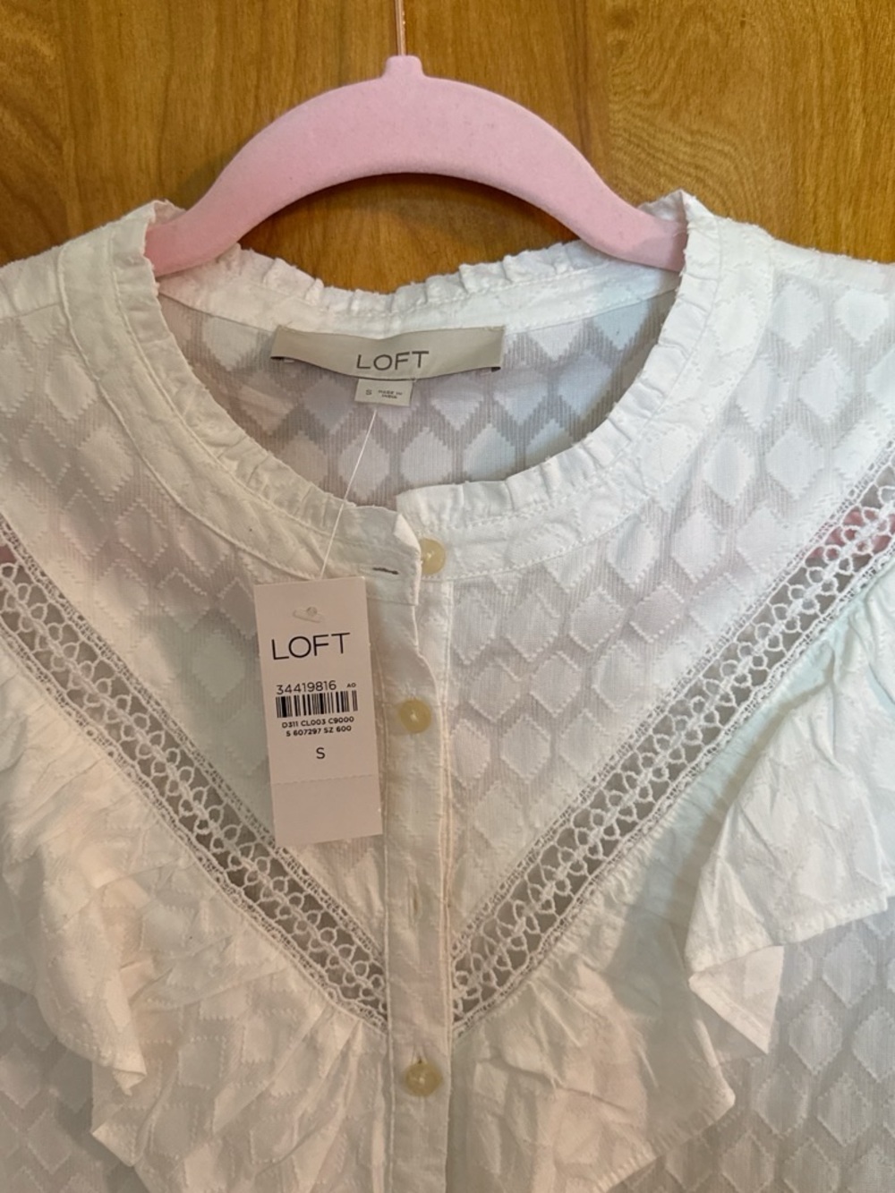 NWT LOFT White Ruffled Lace-Trim Button-Down Blouse Size S - Picture 4 of 9